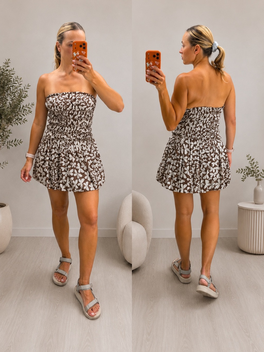 Free People Annalise Mini Dress Bubble hem bottom Brown Combo Size XS NWOT